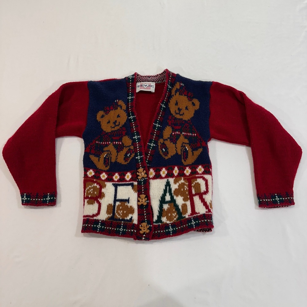 Vintage Heartworks Teddy Bear Knit Cardigan Kids Size 4 Red Navy Bear Buttons‎